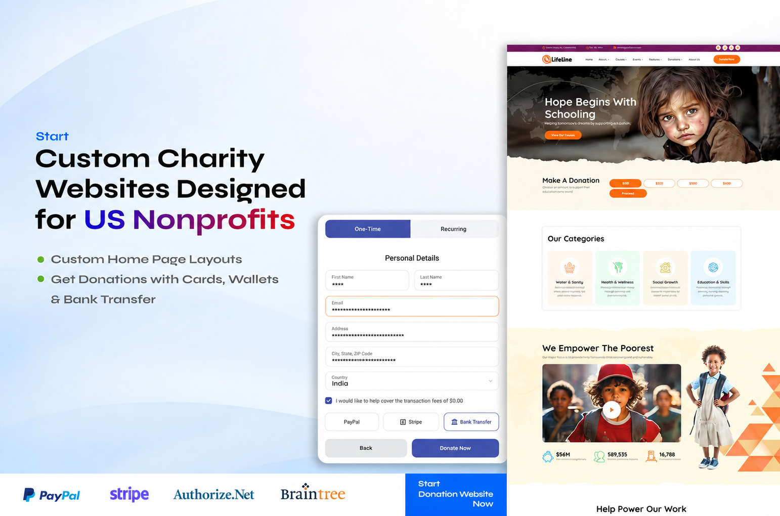 USA Donation Website with PayPal, Stripe & Authorize.Net